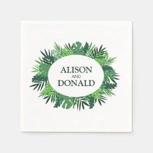 Tropical palm leaves floral wedding names oval napkins