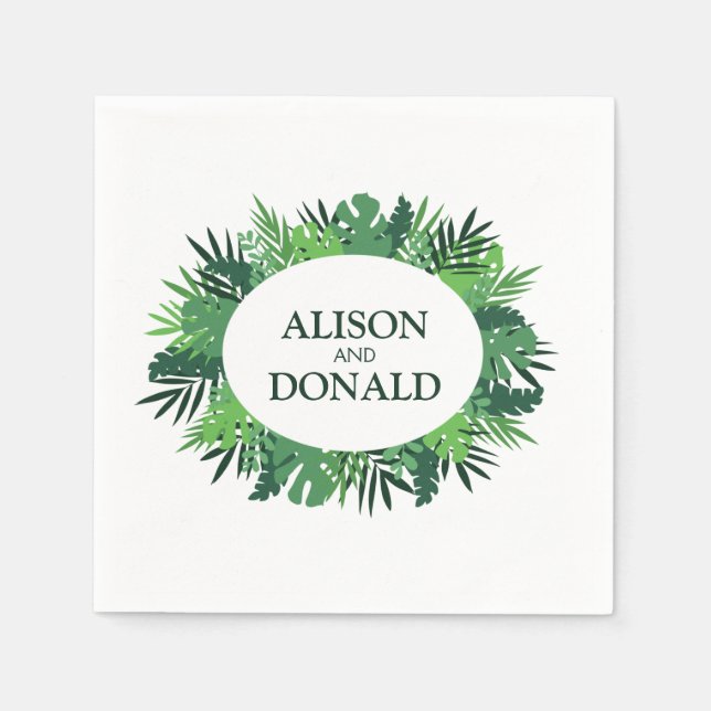 Tropical palm leaves floral wedding names oval napkins (Front)