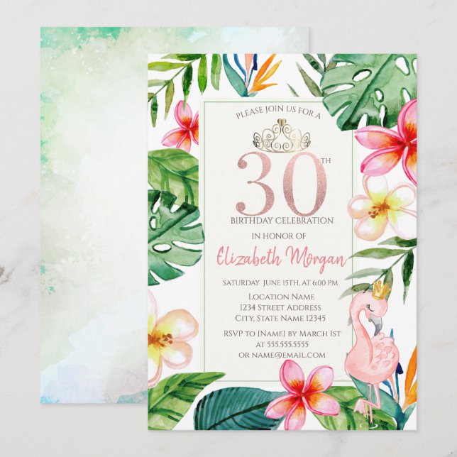 Tropical Palm Leaves Flowers Pink Flamingo 30th Invitation (Front/Back)