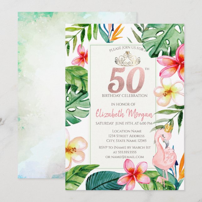 Tropical Palm Leaves Flowers Pink Flamingo 50th Invitation (Front/Back)