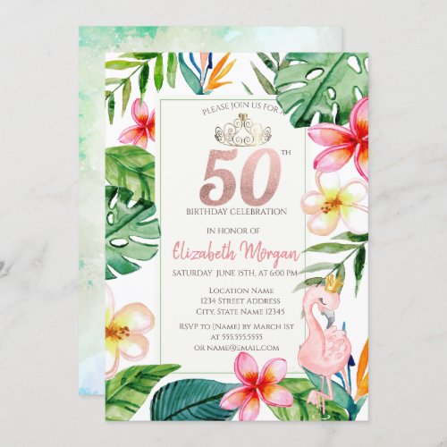 Tropical Palm Leaves Flowers Pink Flamingo 50th Invitation