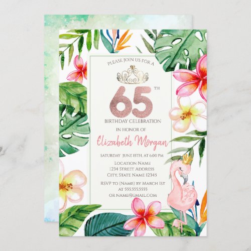 Tropical Palm Leaves Flowers Pink Flamingo 65th Invitation