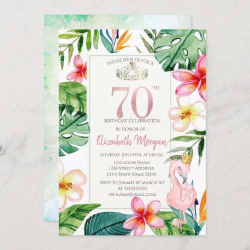 Tropical Palm Leaves Flowers Pink Flamingo 70th Invitation