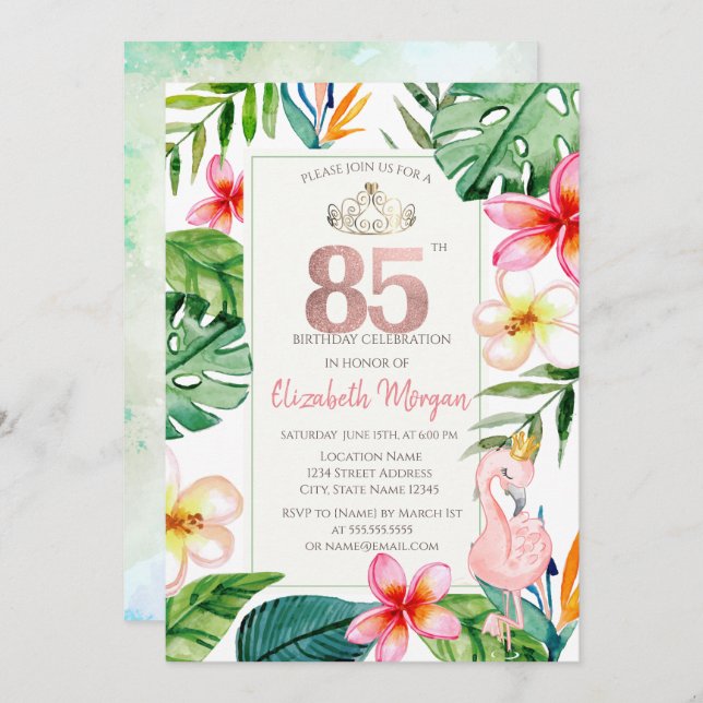 Tropical Palm Leaves Flowers Pink Flamingo 85th Invitation (Front/Back)