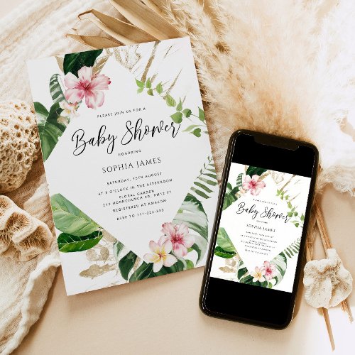 Tropical palm leaves frame baby shower invitation