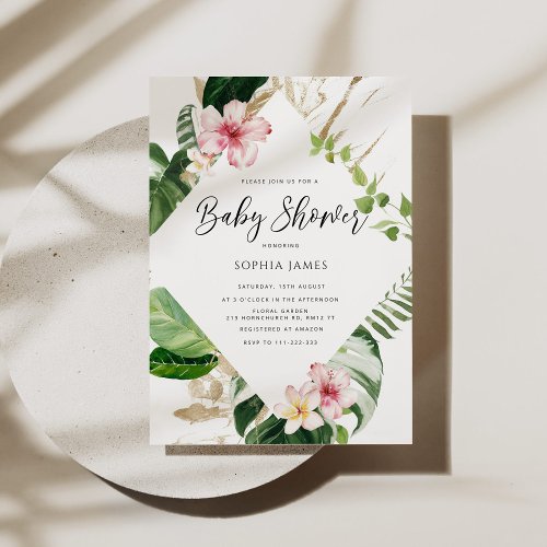 Tropical palm leaves frame baby shower invitation