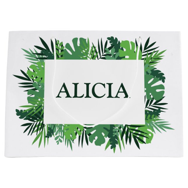 Tropical palm leaves frame custom name  large gift bag (Front)