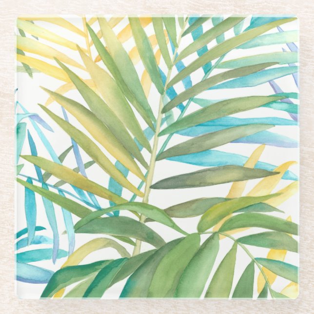 Tropical Palm Leaves Glass Coaster (Front)