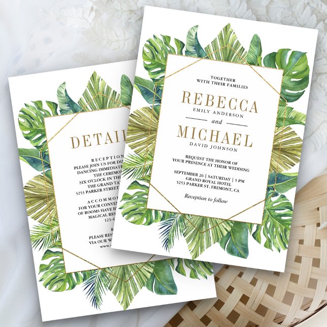 Tropical Palm Leaves Gold All in One Wedding Invitation (Creator Uploaded)