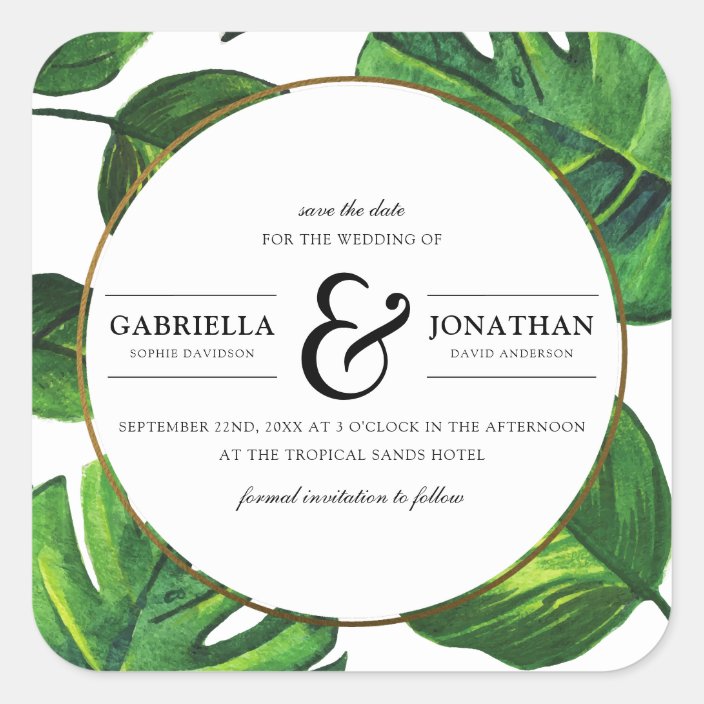 Tropical Palm Leaves Gold Border Save The Date Square Sticker Zazzle Com