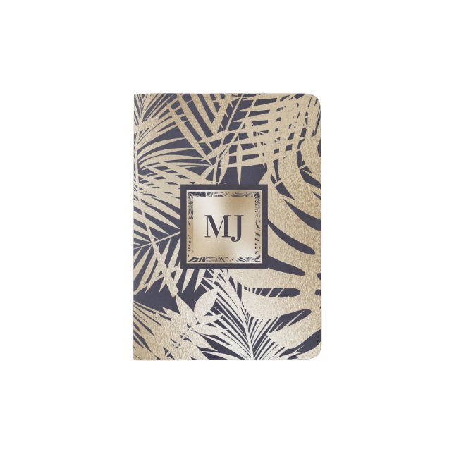 Tropical palm leaves gold navy monogram island passport holder (Front)