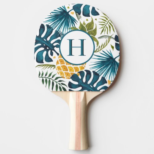 Tropical palm leaves gold pineapple blue monogram ping pong paddle