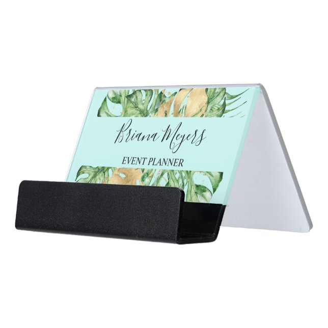 Tropical Palm Leaves Gold Teal Desk Business Card Holder (Angled Front)