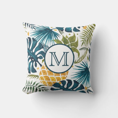 Tropical palm leaves golden pineapple monogram throw pillow