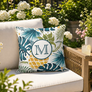Tropical palm leaves golden pineapple monogram throw pillow