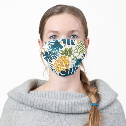 Tropical palm leaves golden pineapple white blue adult cloth face mask