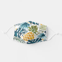 Tropical palm leaves golden pineapple white blue cloth face mask