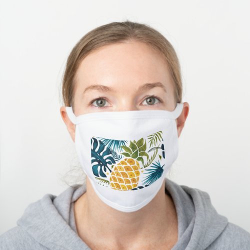 Tropical palm leaves golden pineapple white blue white cotton face mask