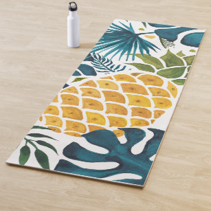 Tropical palm leaves golden pineapple white blue yoga mat
