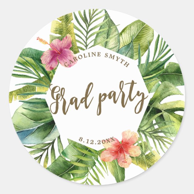 tropical palm leaves graduation party sticker (Front)