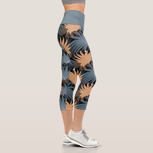 Tropical Palm Leaves Gray Foliage Yoga Exercise Capri Leggings