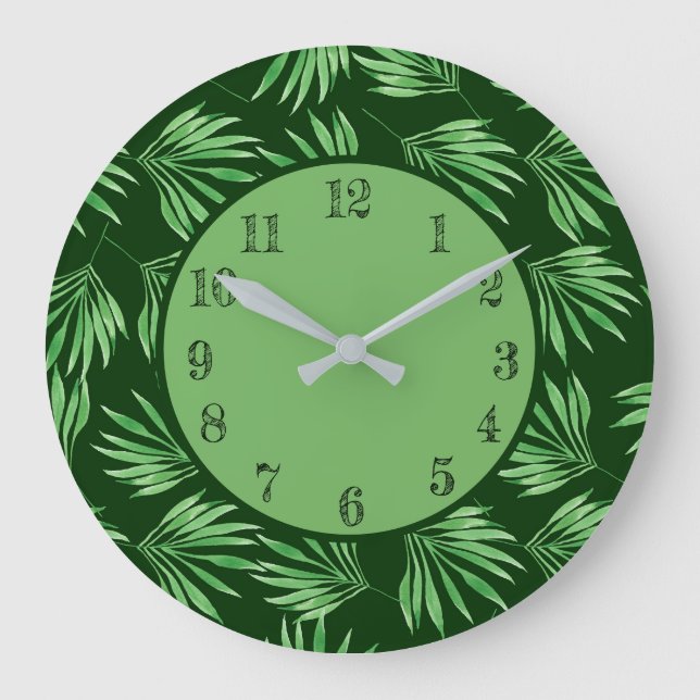 Tropical Palm Leaves Green Foliage Modern  Large Clock (Front)