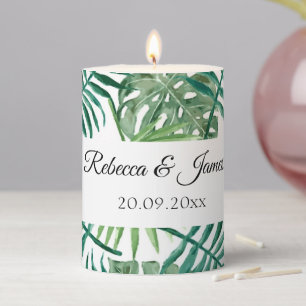 Tropical Palm Leaves Greenery Beach Wedding Pillar Candle