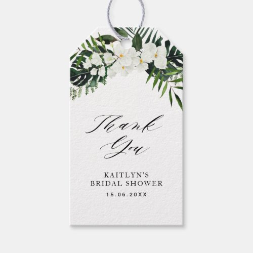 tropical palm leaves greenery floral bridal shower gift tags