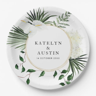 tropical palm leaves greenery floral wedding paper plates