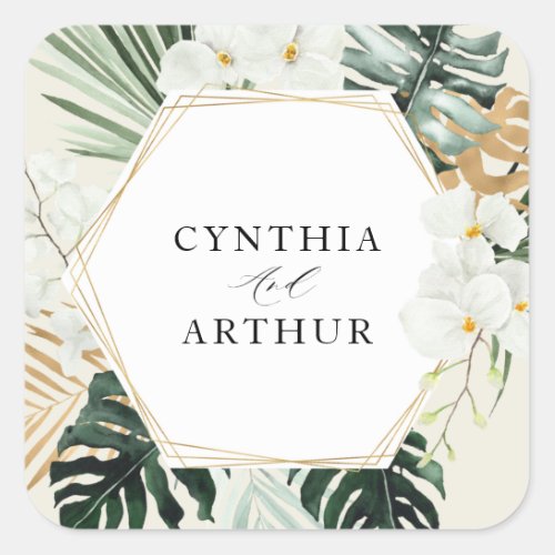 tropical palm leaves greenery floral wedding square sticker