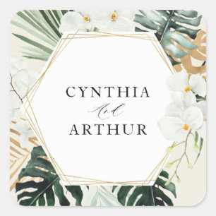 tropical palm leaves greenery floral wedding square sticker