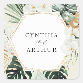 tropical palm leaves greenery floral wedding square sticker