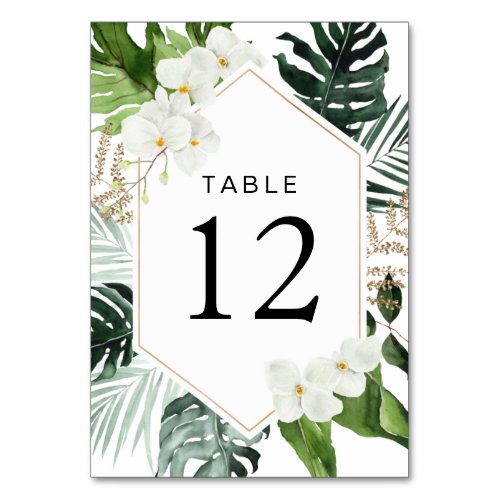 tropical palm leaves greenery floral wedding table number