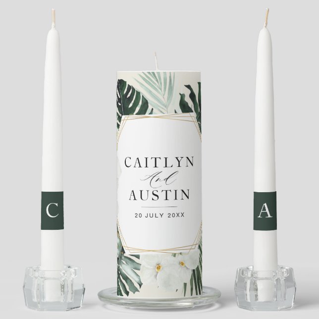 tropical palm leaves greenery floral wedding unity candle set (Front)