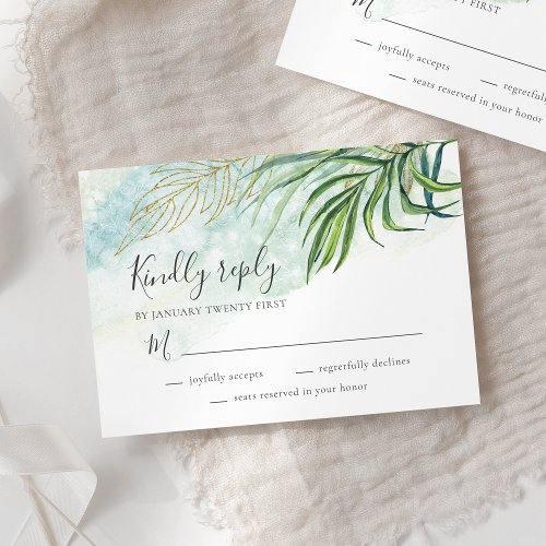 Tropical Palm Leaves Greenery Foliage Wedding RSVP Card
