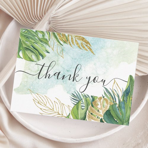 Tropical Palm Leaves Greenery Gold Foliage Wedding Thank You Card