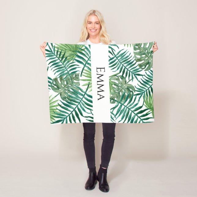 Tropical Palm Leaves Greenery Name Fleece Blanket (In Situ)