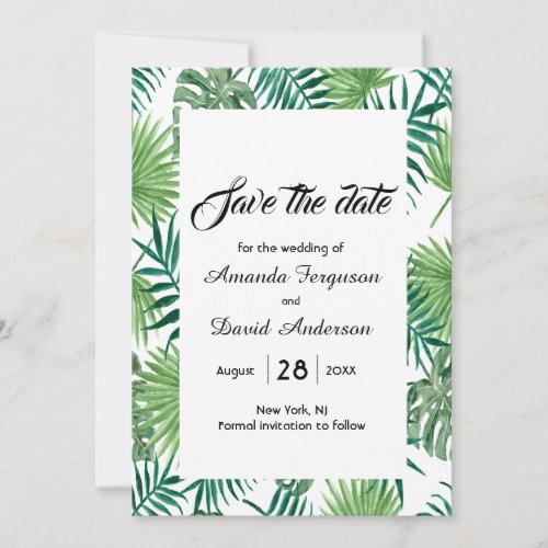 Tropical palm leaves greenery save the date card