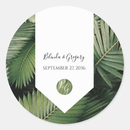 Tropical Palm Leaves Greenery Wedding Classic Round Sticker