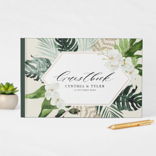 tropical palm leaves greenery wedding guestbook