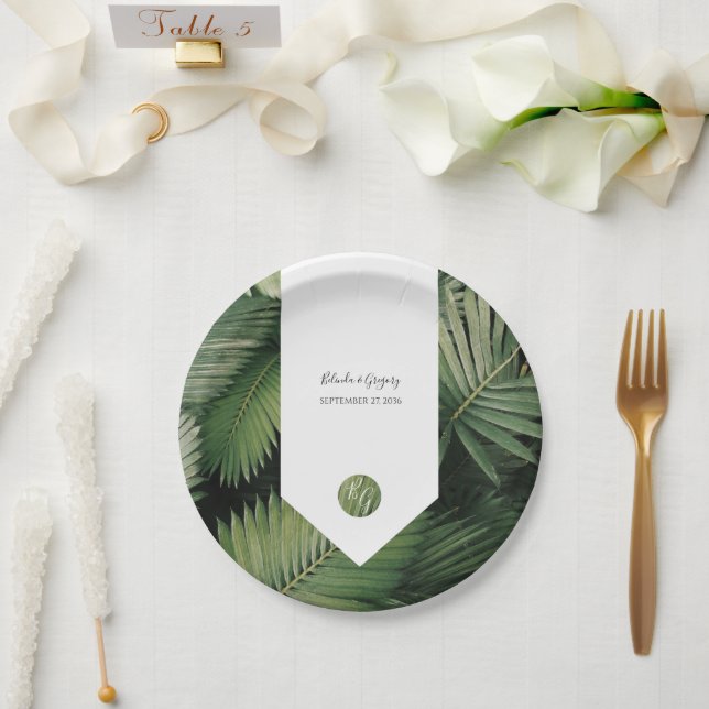 Tropical Palm Leaves Greenery Wedding Paper Plates (Wedding)