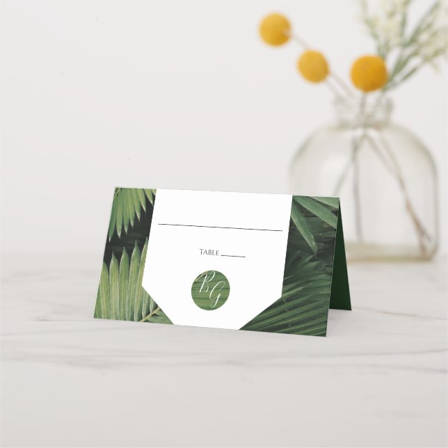 Tropical Palm Leaves Greenery Wedding Place Card (Front)
