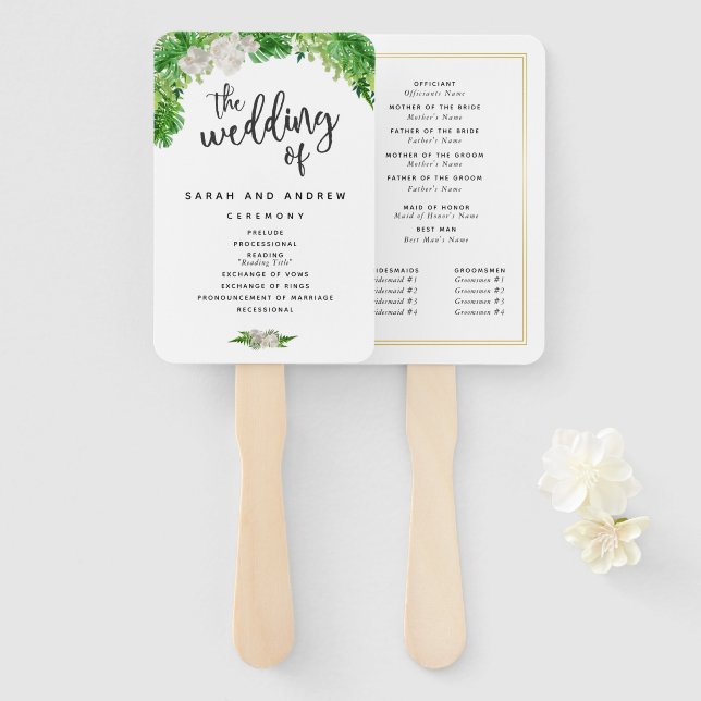 Tropical Palm Leaves & Greenery Wedding Program Hand Fan (Front and Back)