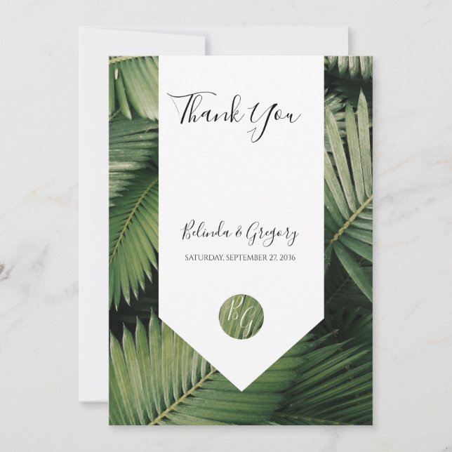 Tropical Palm Leaves Greenery Wedding Thank You Card (Front)