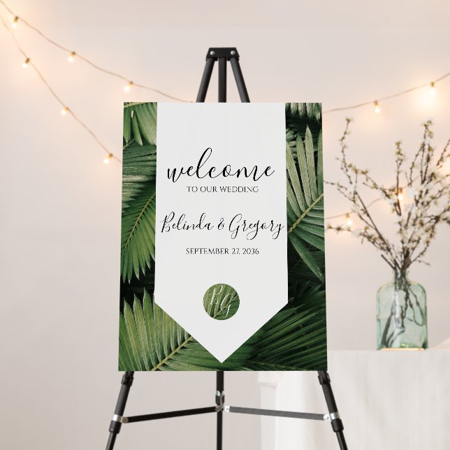 Tropical Palm Leaves Greenery Wedding Welcome Sign (In Situ (Stand))