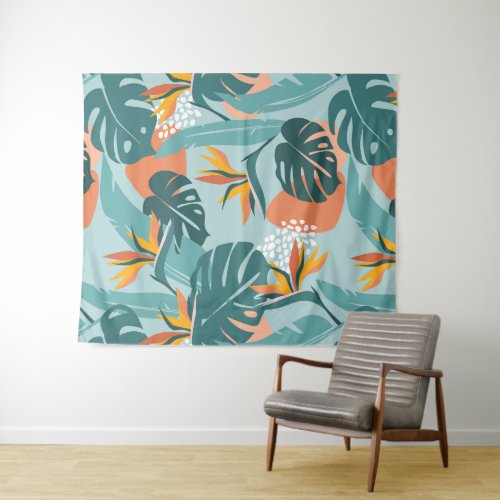 Tropical Palm leaves hibiscus and shapes pattern Tapestry