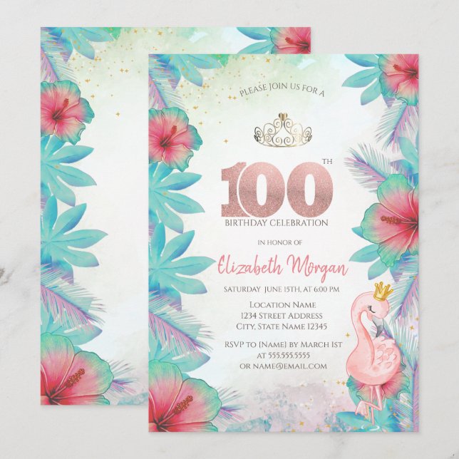 Tropical Palm Leaves Hibiscus Pink Flamingo 100th Invitation (Front/Back)