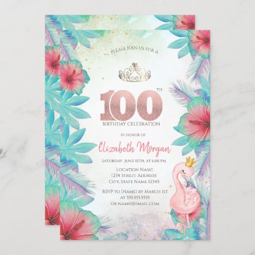 Tropical Palm Leaves Hibiscus Pink Flamingo 100th Invitation