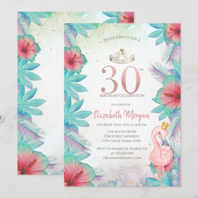 Tropical Palm Leaves Hibiscus Pink Flamingo 30th Invitation (Front/Back)