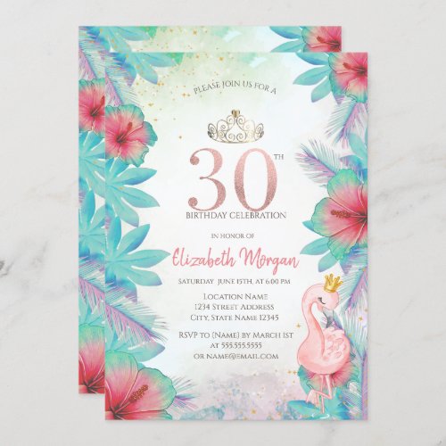 Tropical Palm Leaves Hibiscus Pink Flamingo 30th Invitation